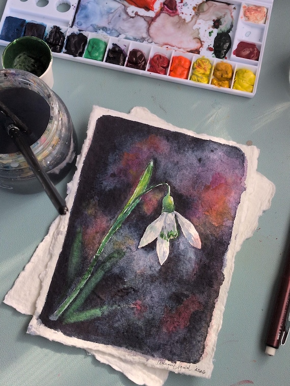 Snowdrop Original Watercolor Painting 5x7in