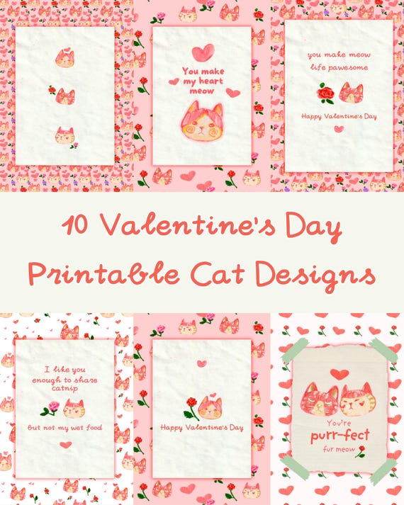 Whimsical Cat Valentine's Day Cards, PNG Patterns (Digital Download)
