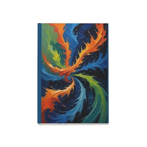 May include: Hardcover journal with a vibrant abstract design. The cover features a swirling pattern in shades of orange, blue, green, and yellow against a dark background. The journal has a blue spine and a clean, modern aesthetic.