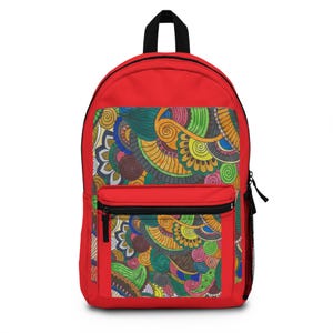 Colorful Patterned Backpack - Boho Style Book Bag, Trendy Carry-All, Unique School Bag, Vibrant Red School Bag with Abstract Art