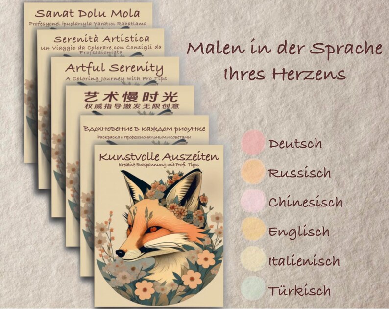 Może przedstawiać: Stos kolorowanek z tytułami w r&oacute;żnych językach, w tym "Artful Serenity" i "Kunstvolle Auszeiten." Okładka przedstawia lisa z kwiatowymi akcentami. Obraz zawiera r&oacute;wnież tekst w języku niemieckim.