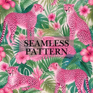 Op de afbeelding: Een naadloos patroon met roze cheeta's met zwarte vlekken tussen levendige groene tropische palmbladeren en felroze hibiscusbloemen. De tekst SEAMLESS PATTERN staat gecentreerd in zwarte hoofdletters over het ontwerp heen.