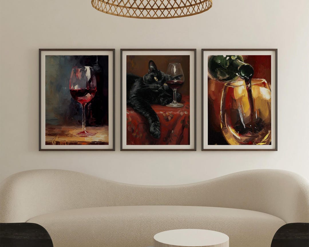 Black Cat Wine Wall Art Set of 3 | Wine Glass Prints, Cozy Bar Decor ...