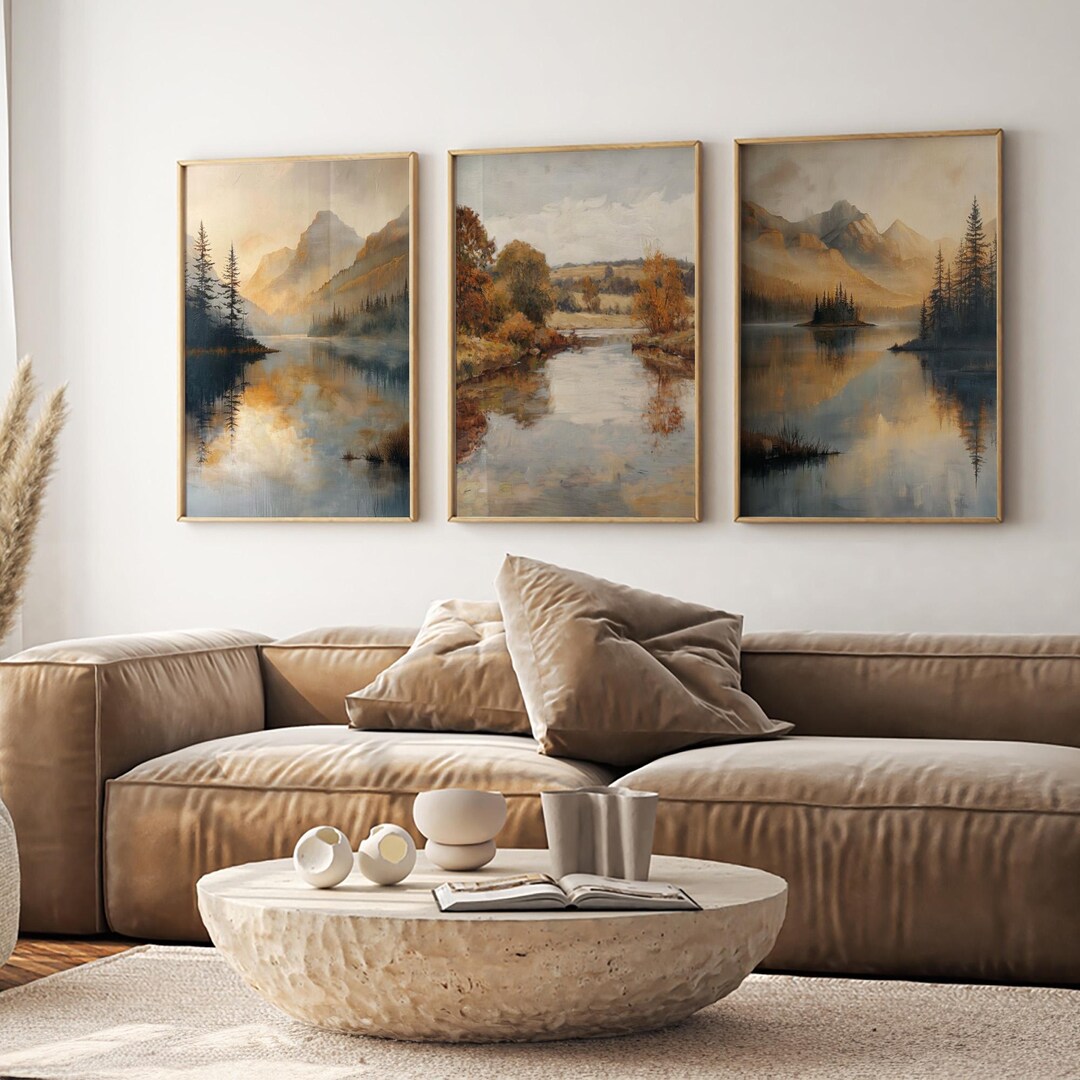 Mountain Landscape Wall Art Set of 3, Rustic Lake & Forest Prints ...