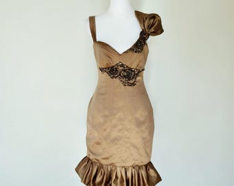karen millen brown dress Mink Brown Satin Off The Shoulder Asymmetric Hem Woven Midi Dress