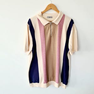Vintage Knitted Cotton Polo Shirt: Pastel Striped Golf Tee, Size XXL