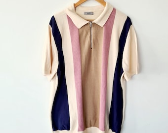 Vintage Strick Baumwolle Poloshirt: Pastell Gestreift Golf Tee, Größe XXL