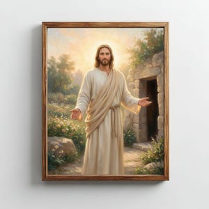 May include: A framed painting depicts a figure in white robes with outstretched arms, set against a backdrop of a bright light and a stone structure. The artwork features a serene landscape with flowers and greenery, framed in a wooden border.