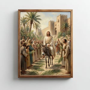 Può includere: Dipinto religioso incorniciato raffigurante una scena biblica. Un uomo in abito bianco cavalca un asino, circondato da persone che tengono rami di palma. Lo sfondo presenta una città con una grande cinta muraria e palme.