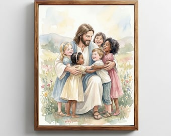 Jesús da la bienvenida a los niños. Lámina cristiana "Dejen que los niños vengan". Decoración (descarga digital).