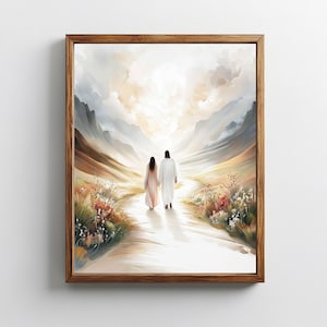 Path of Light – Jesus Walking with Woman Painting, Inspirational Christian Wall Decor, Faith-Inspired Printable Art