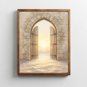 May include: A framed painting depicts an open wooden door within a stone archway, revealing a bright, golden light. The artwork features a sandy foreground and a warm, inviting color palette, evoking a sense of hope and serenity.