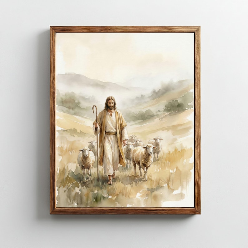 Shepherd In Robe Jesus the Good Shepherd Christian Print, Shepherd With Sheep Peaceful ...