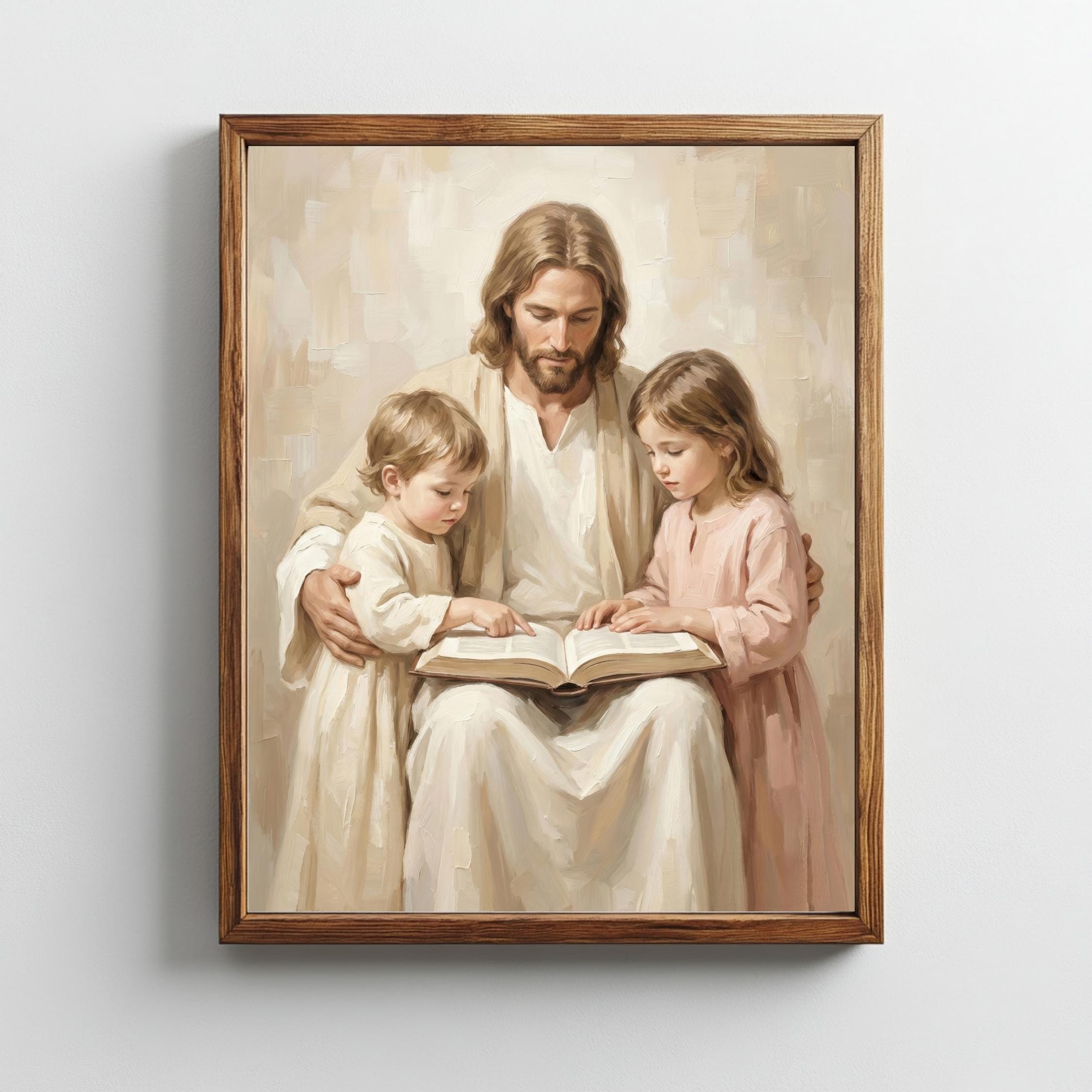 Jesus Reading Bible With Children Christian Print Peaceful Faith Decor ...
