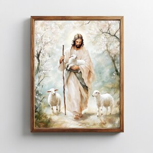 Camina con Jesús - Lienzo decorativo para pared, Jesús caminando con corderos, pintura SUD, arte bíblico, decoración cristiana lista para colgar