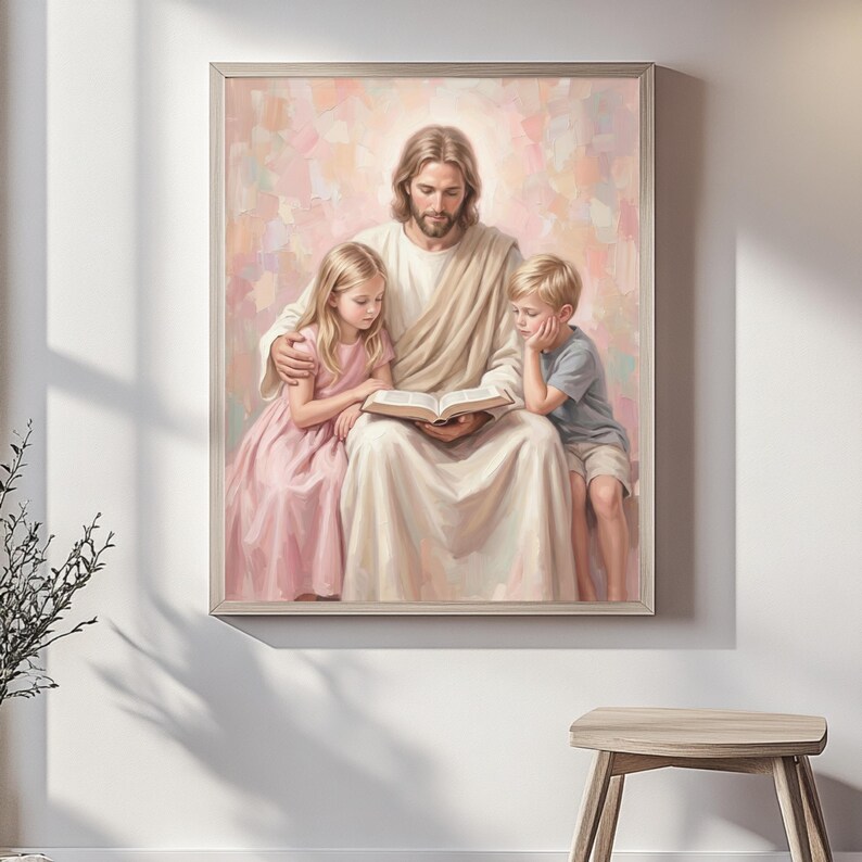Jesus Reading Bible With Children Pink Christian Print Gentle Scripture ...