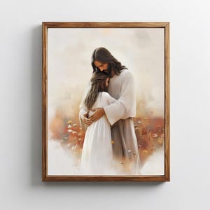 Jezus knuffelt meisje afdrukbare kunst, modern christelijk muurdecor, LDS-schilderij, bijbelkunst, Jezus Christus met kinderen