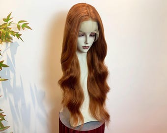 Peluca de encaje de ondas largas color naranja jengibre, pelucas sintéticas para cosplay, peluca Drag Queen