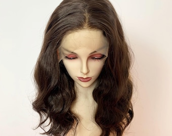 Chocoladebruine pruik met diep golvend kant, voorgeplukt synthetisch haar Gekrulde pruik voor dagelijks gebruik