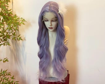 Peluca de encaje ondulado morado lavanda, peluca sintética grande y rizada para cosplay, peluca Drag Queen