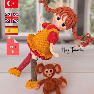 May include: A crocheted doll with red hair in braids, wearing a yellow dress over a red shirt, striped green and red stockings, and yellow shoes, accompanied by a small brown crocheted monkey. The text Naz Tasarim Amigurumi Toys and Pattern is visible.