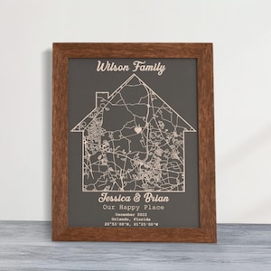 Cadeau voor nieuwe huiseigenaar, gegraveerd houten frame met kaart, 50e verjaardagscadeau vrouw mannen, sentimenteel paar eerste huiscadeau, housewarmingcadeau,