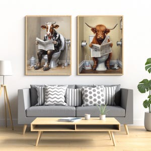 Highland Cow Sitting on the Toilet Reading a Newspaper, Funny Bathroom Wall Art, Funny Vintage Style Photo, Cow Sitting on Toilet