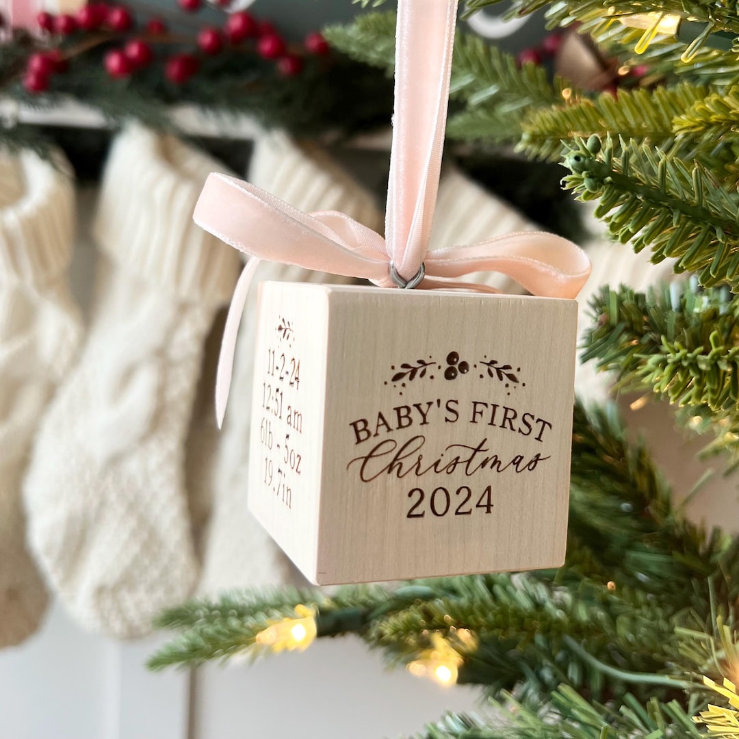 BABY'S FIRST CHRISTMAS Block Ornament With Stats | Personalized Wood ...