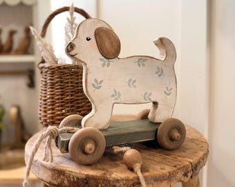 PUPPY WOODEN PULL decor | cottage nursery | kids' room | photo prop | shelf decor | vintage | primitive | antique