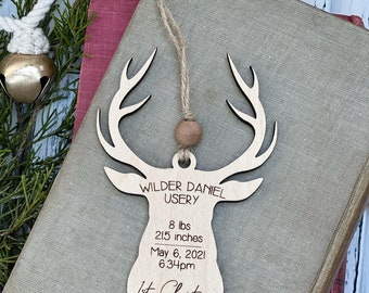 personalized DEER first Christmas | ornament with birth stats | maple wood laser cut ornament | Christmas ornament | birth stats ornament