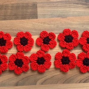 May include: Ten individual crochet flower appliques arranged in two rows. Each flower features five rounded red petals surrounding a small, circular black center. The crochet work displays a textured, yarn-based construction with consistent stitching.