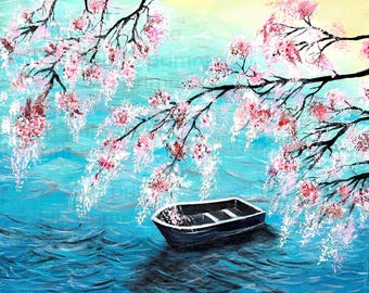 Hand-Painted Cherry Blossom Boat Acrylic Art Print – Serene Water Scene (Digital Download)