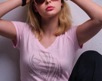 Rhinestone Face Portrait V-Neck Rhinestone Tee