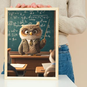 Lámina artística de Profesor Búho estilo Pixar: un adorable búho dando clase frente a la pizarra, una divertida decoración de pared con animales, un regalo para el aula o la oficina.