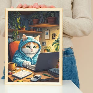 Cat Working from Home Art Pixar Style – Cute Hoodie Cat at Desk, Funny Work From Home Office Decor, Whimsical Animal Illustration