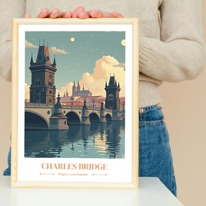 Charles Bridge Poster – Prague Wall Art Print | Art Deco Czech Travel Decor | Bohemian Cityscape Art