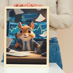 Squirrel Stock Market Print – Pixar-Style Animal Wall Art, Finance Office Decor, Wall Street Animal Cartoon, Hilarious Business Gift