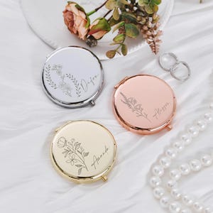 Elegante espejo compacto personalizado: recuerdo de boda perfecto para invitados, ideal para despedidas de soltera, grabable con nombres y fechas especiales.
