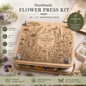 May include: A square 10 inch by 10 inch hardwood flower press kit featuring a laser-engraved botanical illustration of wildflowers and a butterfly on the top wooden panel. The kit includes metal hardware, cardboard, and blotting paper layers.