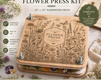 May include: A square 10 inch by 10 inch hardwood flower press kit featuring intricate botanical illustrations of wildflowers and a butterfly. The wooden cover is engraved with the text Flower Press, Capture and Preserve Wild Beauty.