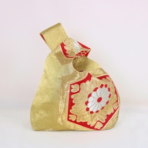 Japanese Knot Bag | Handmade Vintage Kimono Obi Bag | Gold & Red Floral Pattern