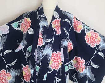 Yukata japonés vintage para mujer | Kimono de verano azul marino con flores | Bata ligera