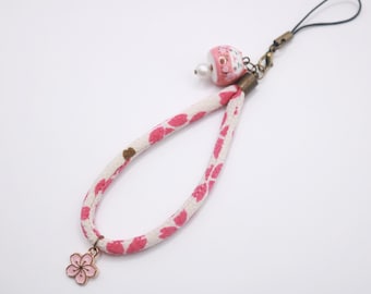 Sakura Cherry Blossom Phone Charm | Pink Chirimen Cat Strap | Kawaii Japan Gift