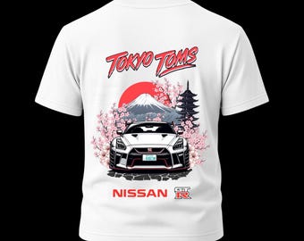 Nissan GT-R R35 JDM Shirt - Cherry Blossom Back Print Tee, Mount Fuji Sports Car T-Shirt, Tokyo Toms Japanese Culture Apparel Gift