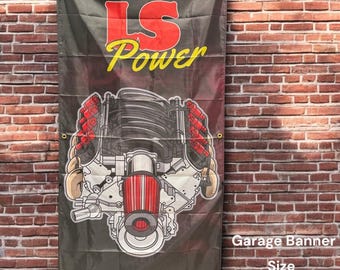 LS Engine Flag Blue – JDM Wall Banner | Car Enthusiast Gift | Tokyo Toms Garage Decor