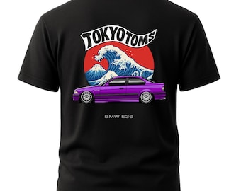 BMW E36 T-Shirt - Euro JDM Style & Great Wave Back Print T-Shirt, Lila M3 E36 T-Shirt, Japanisches Wave Art T-Shirt, Drift Car Geschenk, Car Guy Bekleidung Geschenk