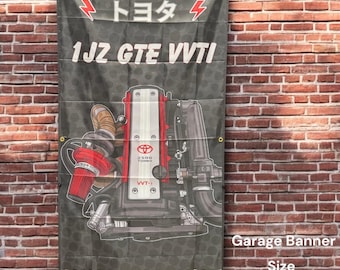 1JZ-GTE VVTI Banner – JDM Garage Wall Art | Turbo Engine Poster | Tokyo Toms Car Decor for Man Cave or Workshop