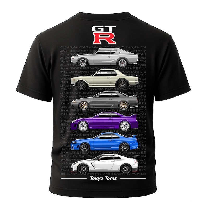 May include: Black t-shirt featuring a graphic of five Nissan Skyline GT-R cars in various colors. The cars are stacked vertically, with the text "Tokyo Toms" at the bottom. The GT-R logo is at the top.