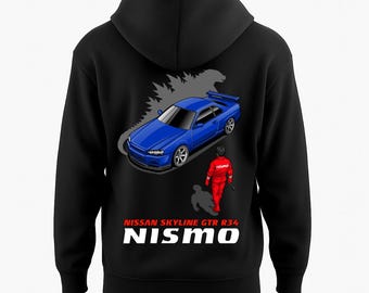 Nissan R34 Skyline GTR NISMO Hoodie Shadow JDM Car Guy Gift, RB26 Engine Apparel, Japanese Streetwear, Blended Cotton Hood
