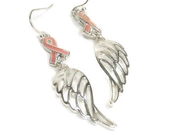 Sale| Pink Ribbon Angel Wing Earrings - Breast Cancer Awareness Earrings - Dangle - Breast Cancer Support - October - Pink Ribbon Jewelry